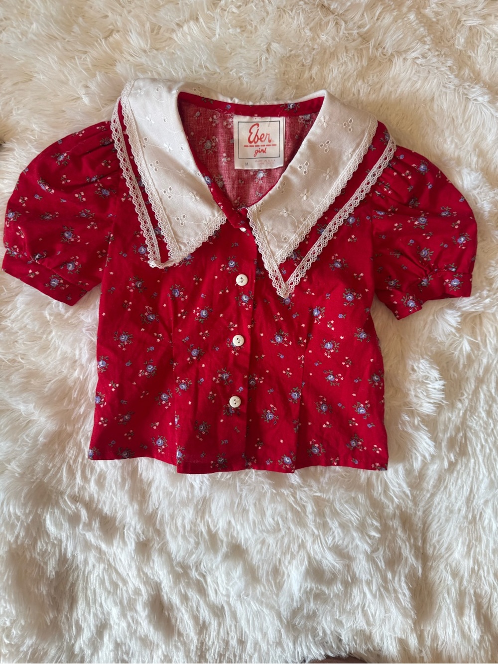 Vintage Eberjey Girl Kids Red Floral Peter Pan Collar Puff Sleeve Blouse Size M